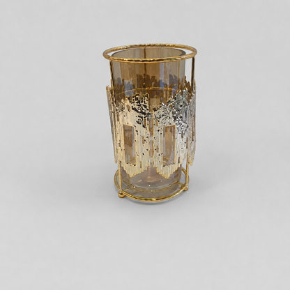 Portavelas Decorativo de Cristal Ámbar con Estructura Dorada y Plateada