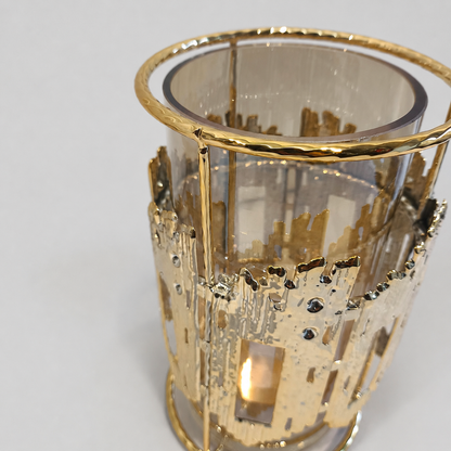 Portavelas Decorativo de Cristal Ámbar con Estructura Dorada y Plateada