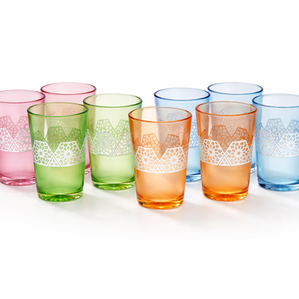 Set of 12 Moroccan Glass Cups, Assorted Colors with Geometric Design