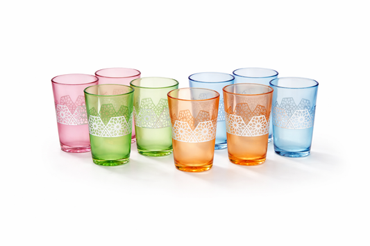 Set de 12 Vasos Marroquíes de Vidrio Colores Surtidos con Diseño Geométrico