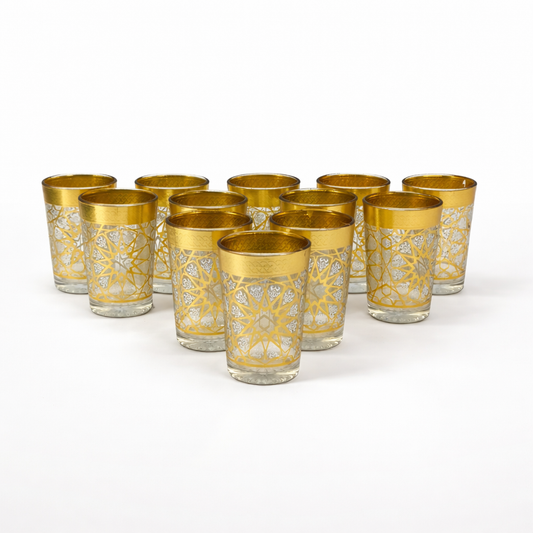 Set de 12 Vasos Marroquíes de Cristal con Detalles Dorados