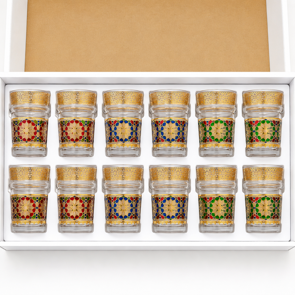 Pack x12 – Vasos de Té Marroquí | Cristal Decorado con Filigrana Dorada estilo Zellige