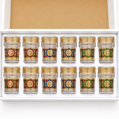 Pack x12 – Vasos de Té Marroquí | Cristal Decorado con Filigrana Dorada estilo Zellige