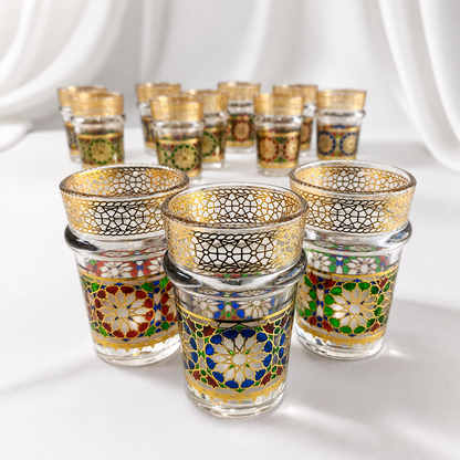 Pack x12 – Vasos de Té Marroquí | Cristal Decorado con Filigrana Dorada estilo Zellige