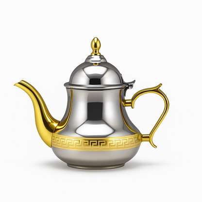 Tetera marroquí de acero inoxidable con detalles dorados, tapa con bisagra y pico antigoteo