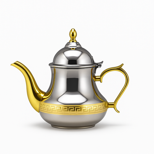 Tetera marroquí de acero inoxidable con detalles dorados, tapa con bisagra y pico antigoteo