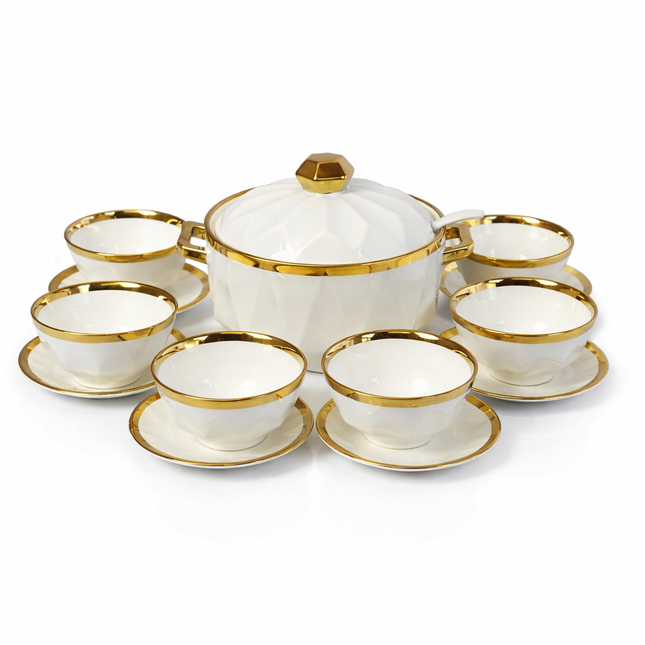 White Porcelain Soup Tureen and Bowl Set with Gold Rim – Premium 7 Piece Set