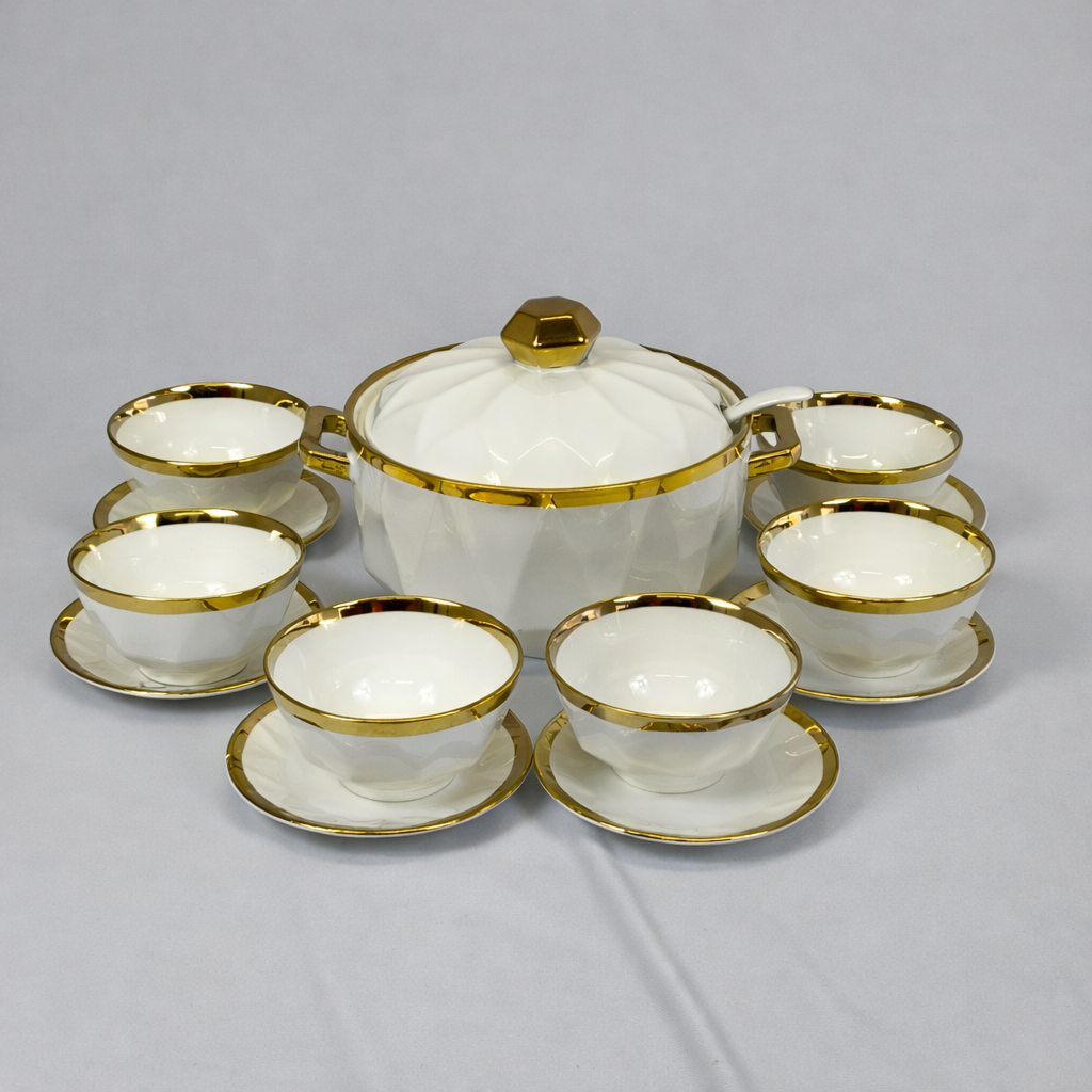 Conjunto de Sopas de Porcelana Branca com Borda Dourada – Conjunto Premium de 7 Peças