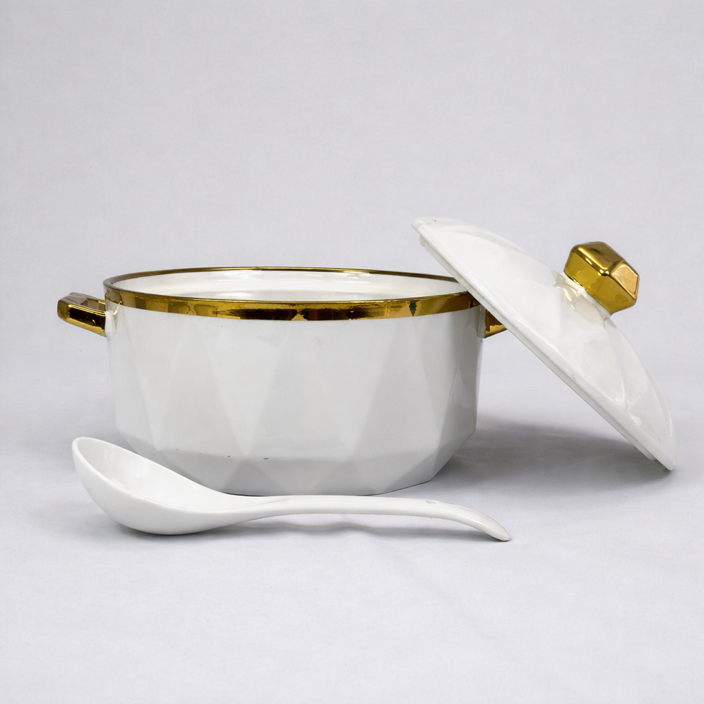 Conjunto de Sopas de Porcelana Branca com Borda Dourada – Conjunto Premium de 7 Peças