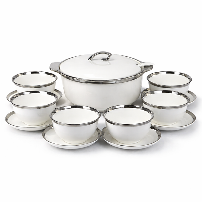 🥣 Premium Porcelain Soup Tureen Set with Silver Rim