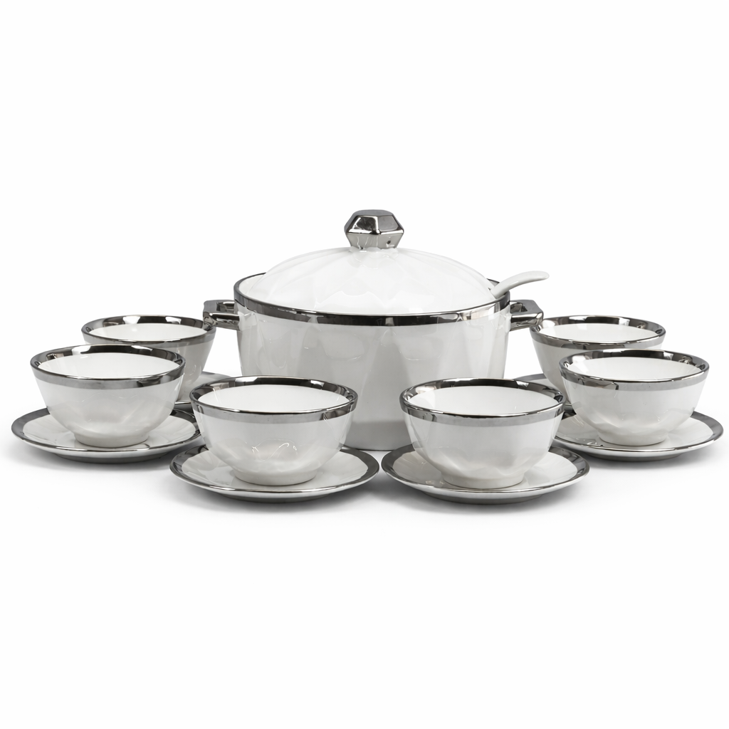 🍵 Juego de Sopera y Tazas de Porcelana Blanca con Borde Plateado – 2,7L-Set Elegante 7 Piezas