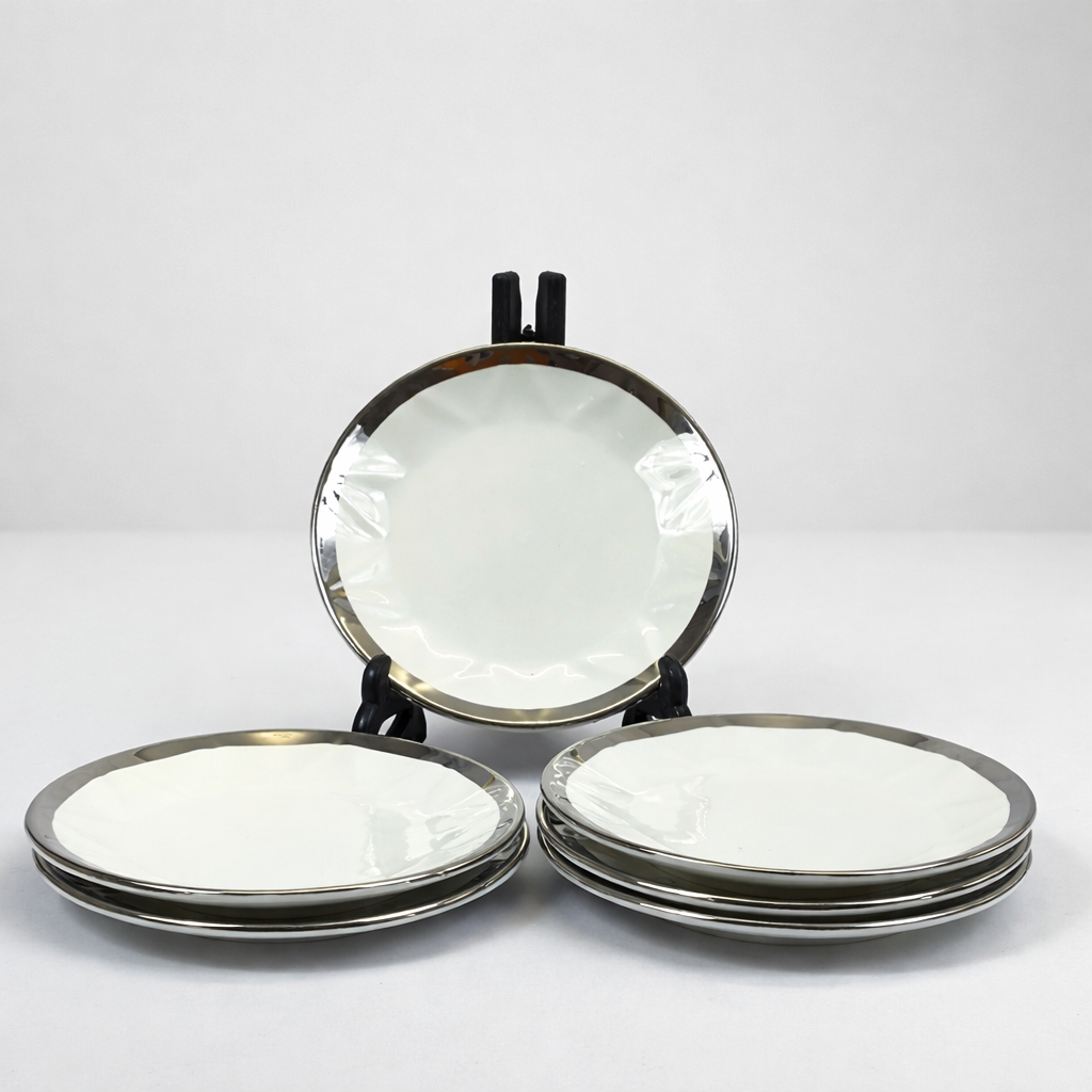 🍵 Juego de Sopera y Tazas de Porcelana Blanca con Borde Plateado – 2,7L-Set Elegante 7 Piezas