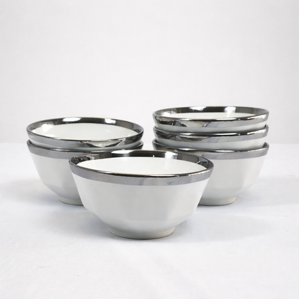 🍵 Juego de Sopera y Tazas de Porcelana Blanca con Borde Plateado – 2,7L-Set Elegante 7 Piezas