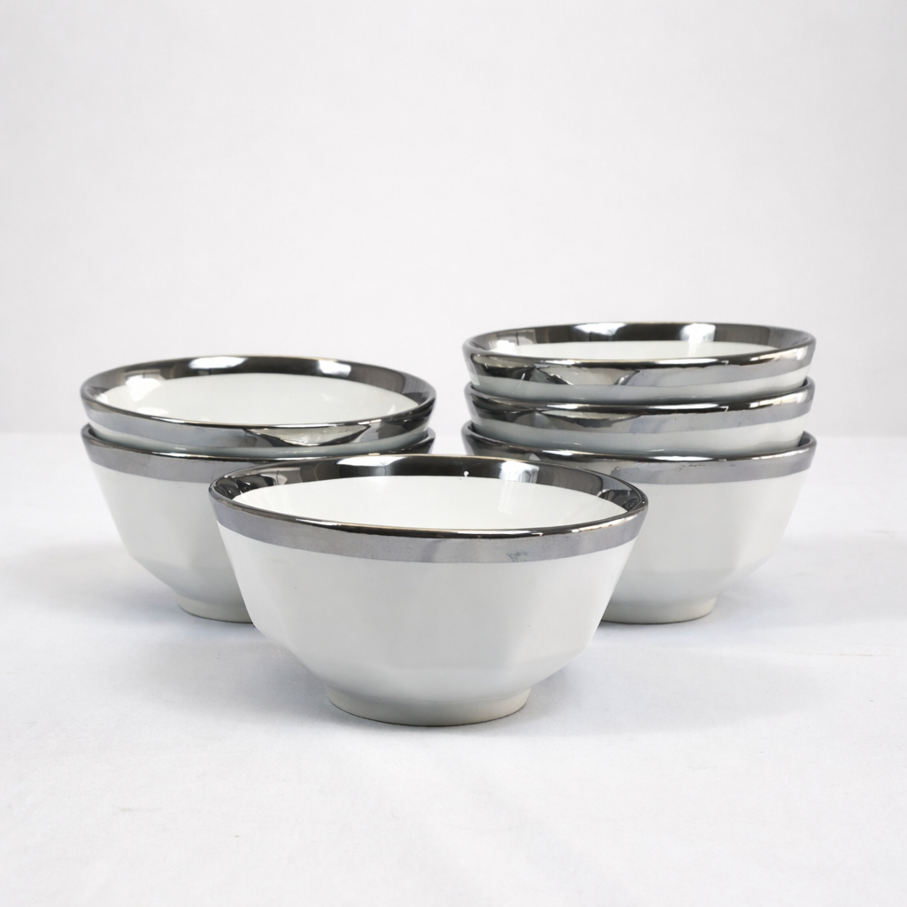 🍵 Juego de Sopera y Tazas de Porcelana Blanca con Borde Plateado – 2,7L-Set Elegante 7 Piezas