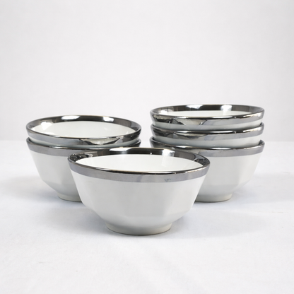 🍵 Juego de Sopera y Tazas de Porcelana Blanca con Borde Plateado – 2,7L-Set Elegante 7 Piezas