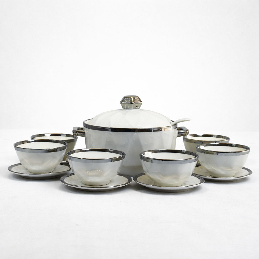 🍵 Juego de Sopera y Tazas de Porcelana Blanca con Borde Plateado – 2,7L-Set Elegante 7 Piezas