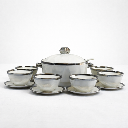 🍵 Juego de Sopera y Tazas de Porcelana Blanca con Borde Plateado – 2,7L-Set Elegante 7 Piezas