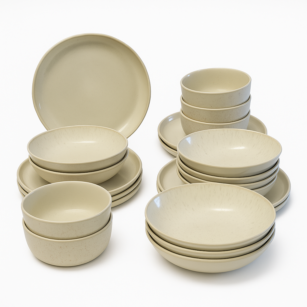 Juego de Vajilla de 24 Piezas — Gres Esmaltado Color Marfil