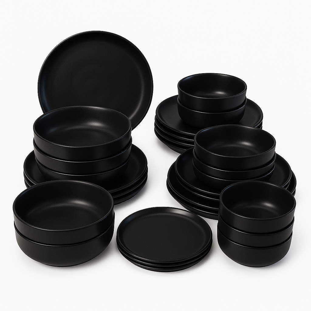 Juego de Vajilla de 24 Piezas — Gres Negro Mate