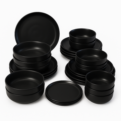 Juego de Vajilla de 24 Piezas — Gres Negro Mate