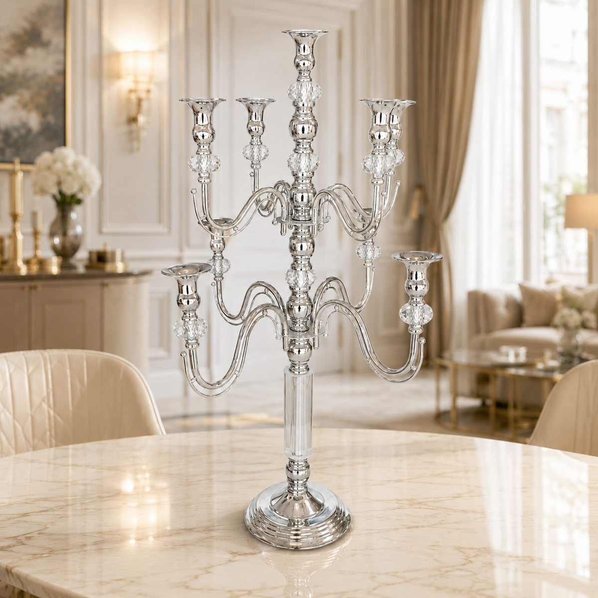 Candelabro de Pie de 5 Brazos en Metal PLATEADO con Detalles de Cristal