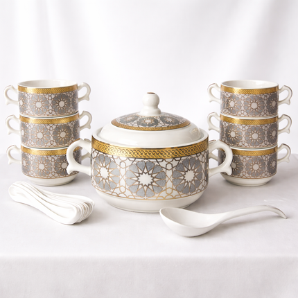 Juego de Sopa Oriental  – 2,7L-Tazón Grande con 6 Bowls, Platos y Cucharas (Diseño Tradicional Asiático)