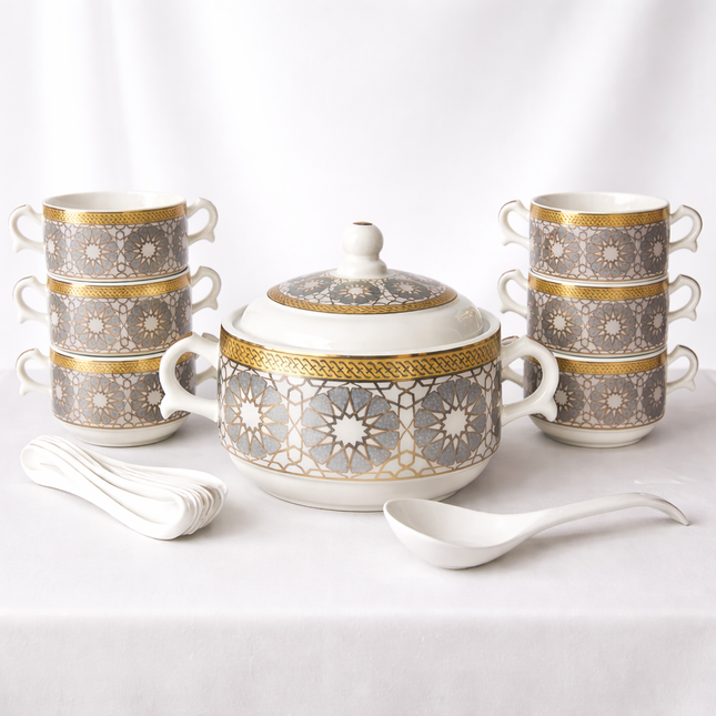 Juego de Sopa Oriental  – 2,7L-Tazón Grande con 6 Bowls, Platos y Cucharas (Diseño Tradicional Asiático)