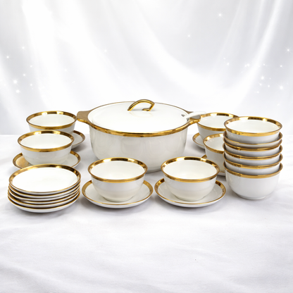 Juego de SOPERA Premium Blanca con Ribete Dorado –2,7l- Set Completo de Porcelana Elegante