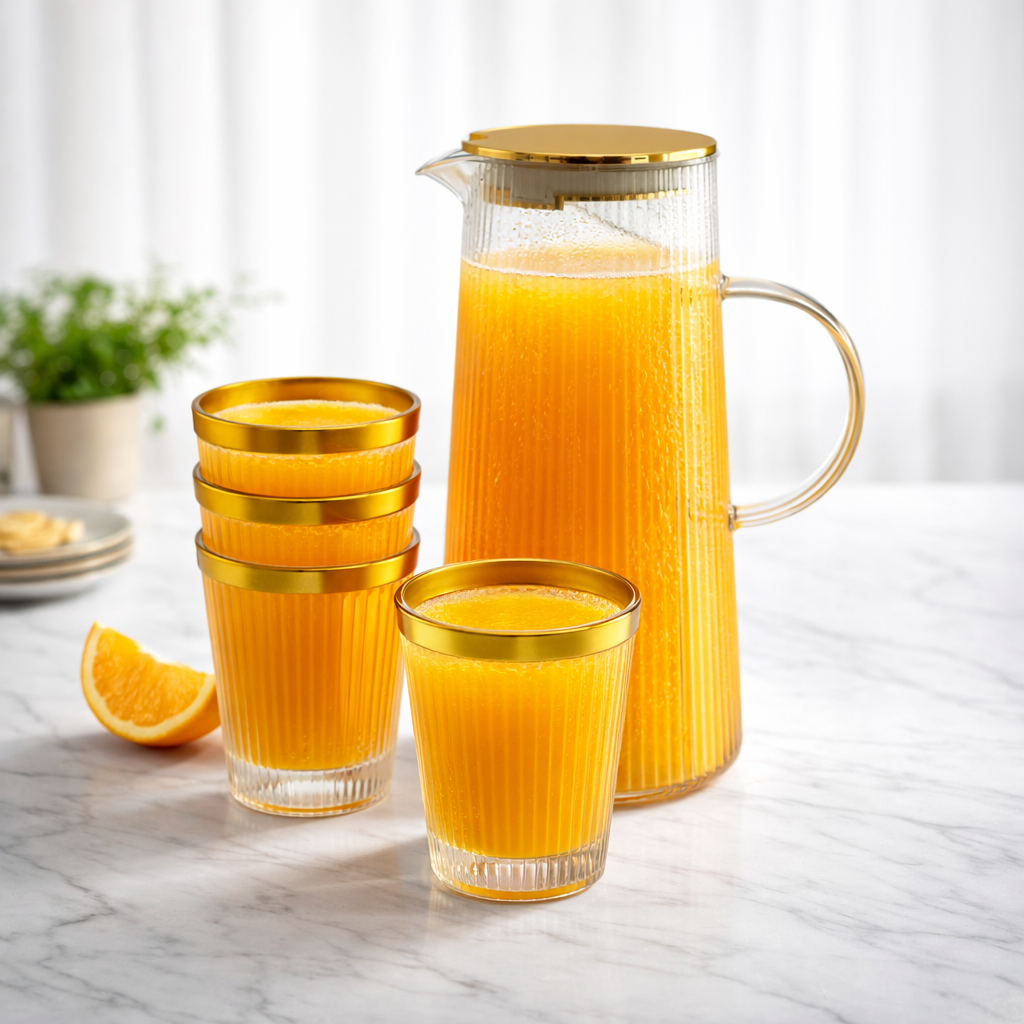 🥂 Conjunto de jarro com 6 copos de plástico transparente com rebordo dourado — Estilo e praticidade ✨