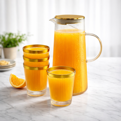 🥂 Conjunto de jarro com 6 copos de plástico transparente com rebordo dourado — Estilo e praticidade ✨