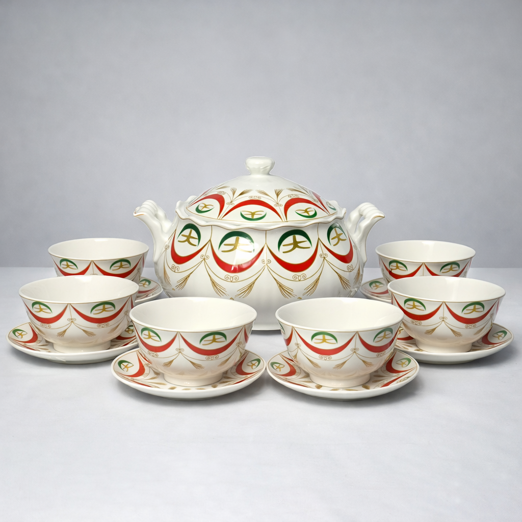 Sopera de Porcelana Decorada con 6 Cuencos y Platos – Diseño Clásico en Rojo y Verde