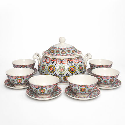 Terrina de Porcelana Decorada com 6 Tigelas e Pratos -3L – Design Mandala Multicor