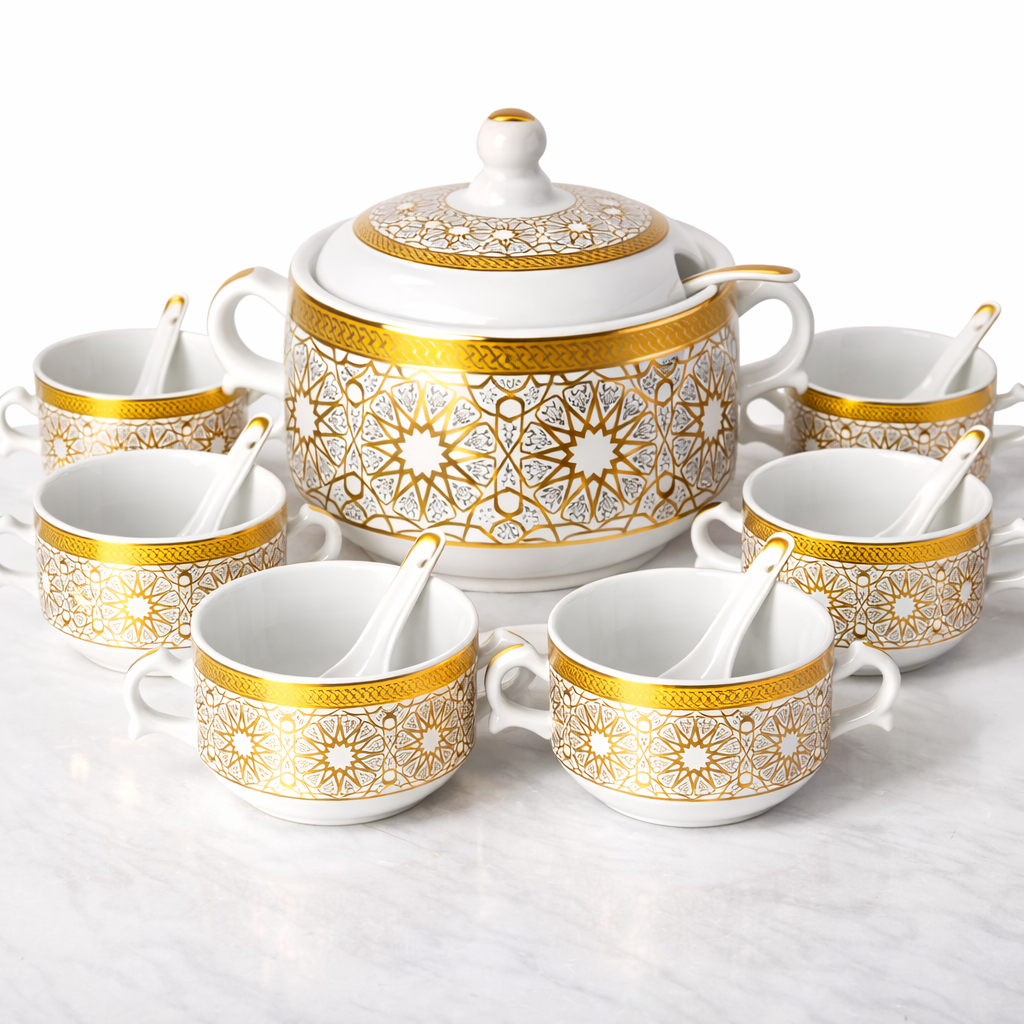 Sopera de Porcelana Blanca con Detalles Dorados y 6 Cuencos con Cucharas – Diseño Geométrico Árabe