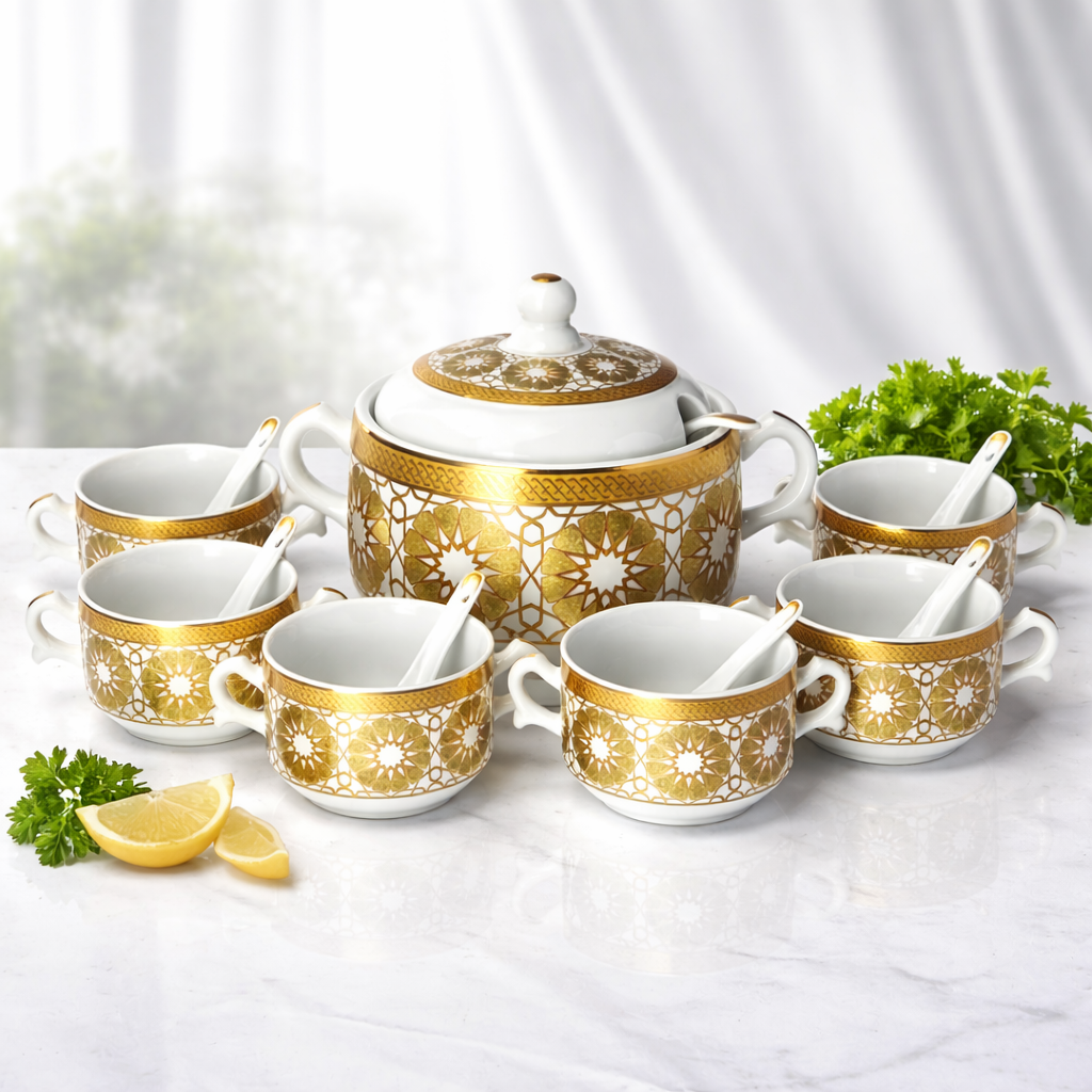 Sopera de Porcelana Blanca con Detalles Dorados y 6 Cuencos con Cucharas – Estilo Árabe Clásico