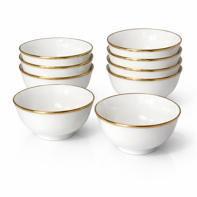 Set de 12 Bowls de Porcelana Blanca con Borde Dorado – Elegancia y Estilo