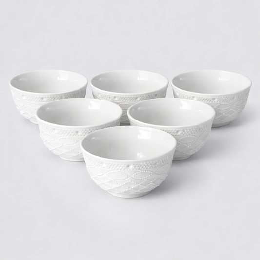 Set of 6 Elegant Embossed White Ceramic Bowls 🤍
