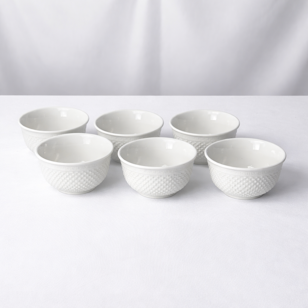 Set of Textured Ceramic White Bowls – 6 Piece Set