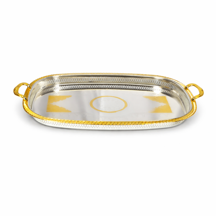 Tabuleiro Retangular Prateado e Dourado com Pegas – 55 x 40 cm | Bandeja Elegante para Servir e Decorar