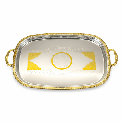 Tabuleiro Retangular Prateado e Dourado com Pegas – 55 x 40 cm | Bandeja Elegante para Servir e Decorar