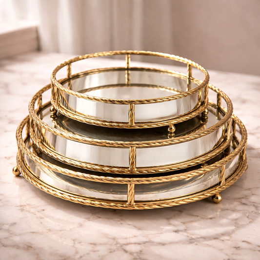 🟡 Set de Figuras Decorativas Doradas Ø37cm / Ø31,5cm / Ø26,5cm con Base de Espejo