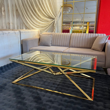 Mesa de centro de cristal y patas acero inoxidable dorado