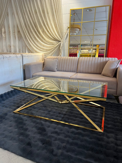 Mesa de centro de cristal y patas acero inoxidable dorado