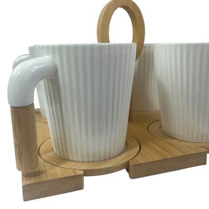 Set de 4 Tazas de Porcelana con Bandeja de Madera y Asa