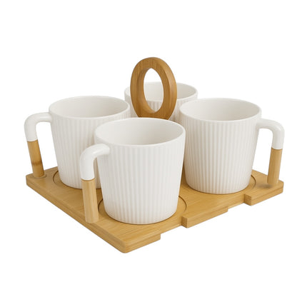Set de 4 Tazas de Porcelana con Bandeja de Madera y Asa