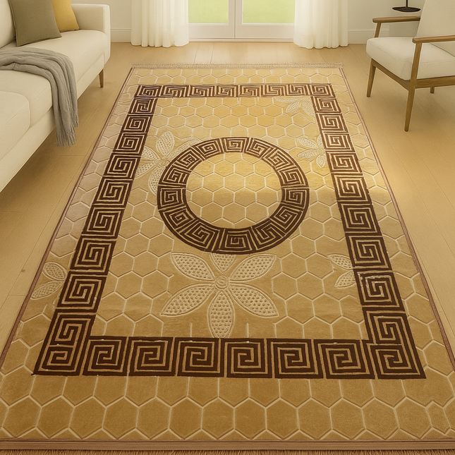 Tapete clássico dourado com rebordo castanho de inspiração oriental – estilo árabe