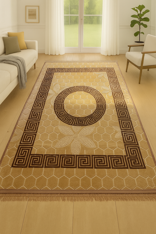 Alfombra Clásica Dorada con Cenefa Marrón de Inspiración Oriental – Estilo Árabe