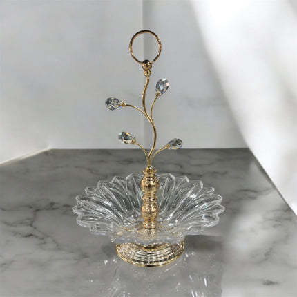 🍬 Tabuleiro decorativo em vidro com base dourada e pétalas em vidro