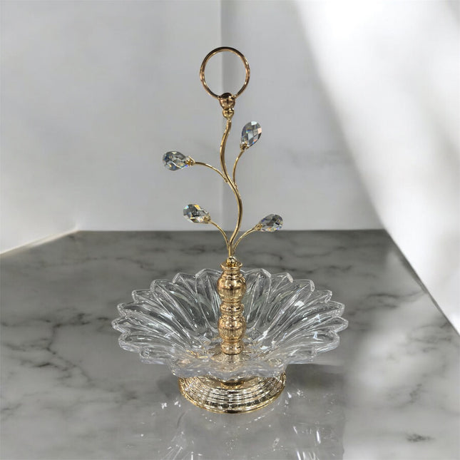 🍬 Tabuleiro decorativo em vidro com base dourada e pétalas em vidro