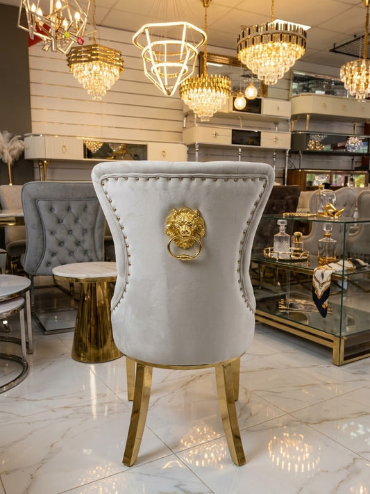 ✨ Silla MODELO leon tapizada beige con acabado dorado– Elegancia moderna para tu hogar ✨
