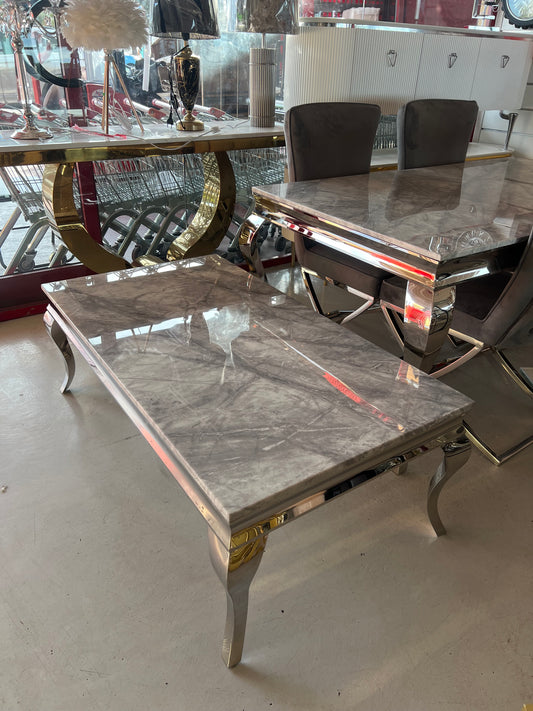 Mesa de Centro Premium de Mármol Gris y Acero Inoxidable Plateado – 130 × 70 × 45 cm